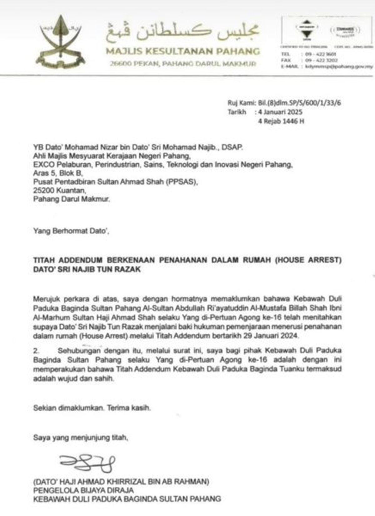 surat titah adendum najib